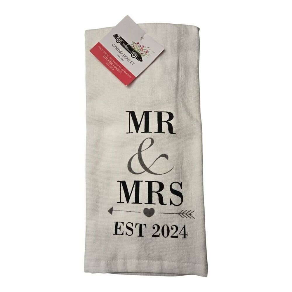 Cynthia Rowley Set Of 3 Kitchen Towels White/Grey Mr. & Mrs. Est 2024